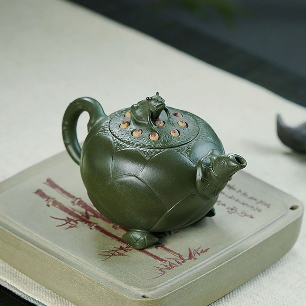 Yixing Green Clay Lotus Teapot with Frog Lid
