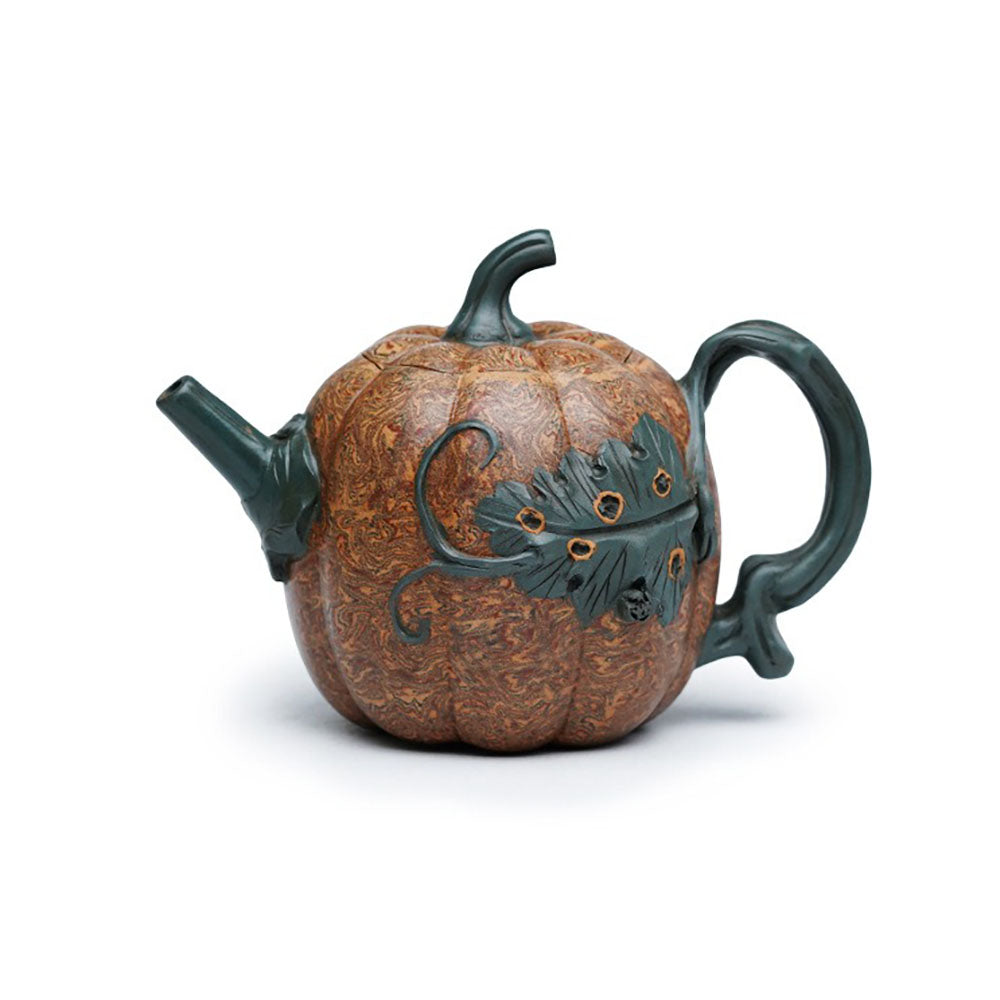 Yixing Jiao Ni Clay Pumpkin Teapot with Vine Handle