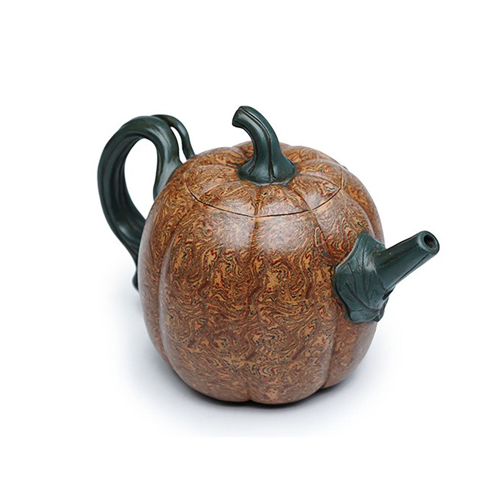 Yixing Jiao Ni Clay Pumpkin Teapot with Vine Handle