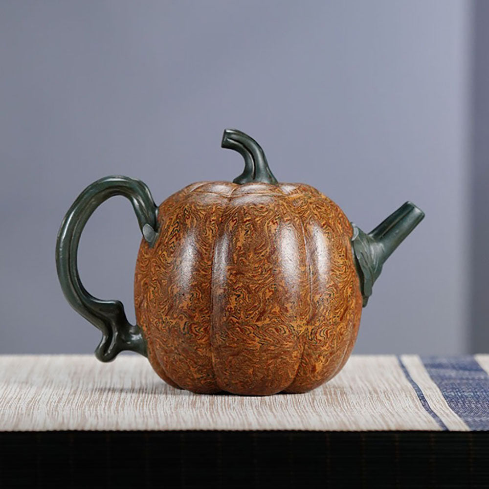 Yixing Jiao Ni Clay Pumpkin Teapot with Vine Handle