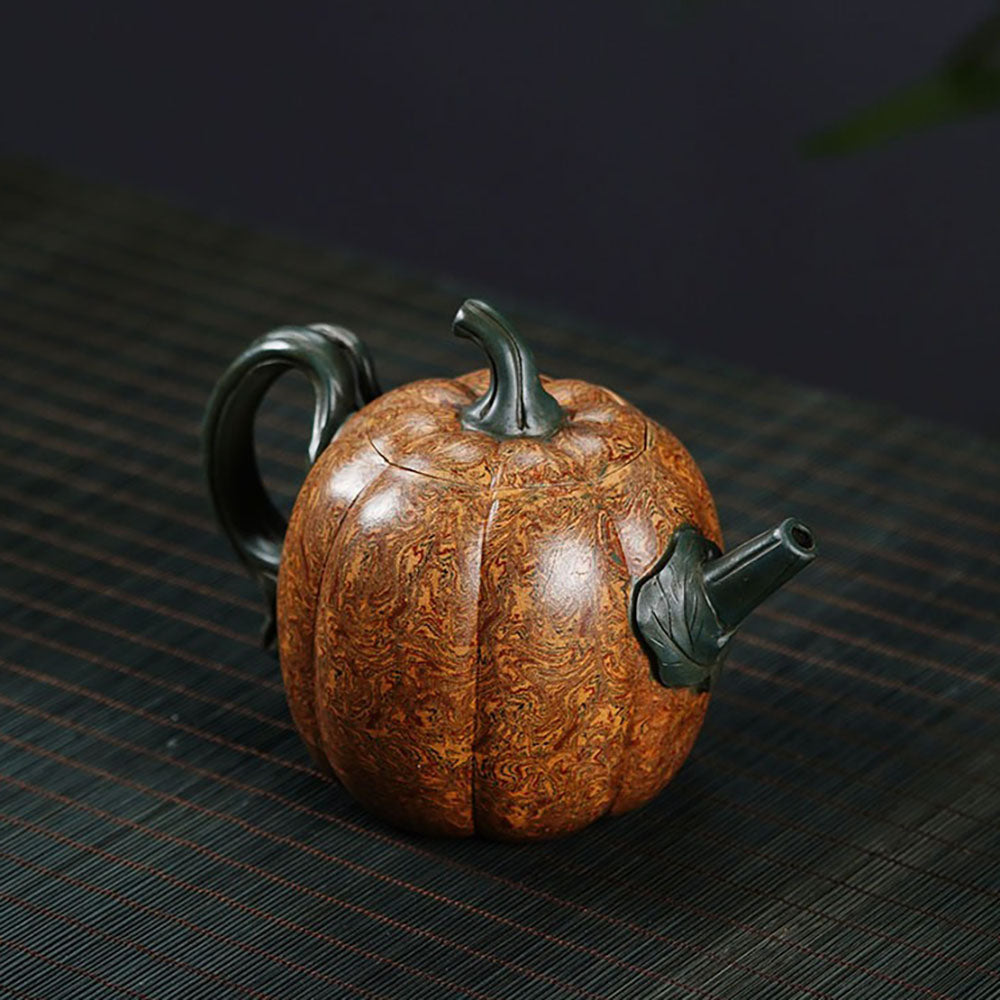 Yixing Jiao Ni Clay Pumpkin Teapot with Vine Handle