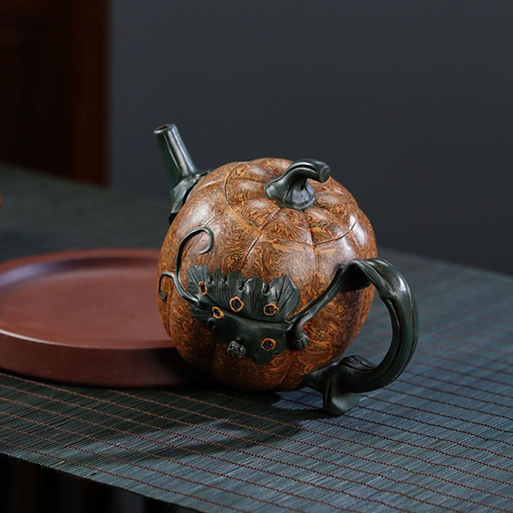 Yixing Jiao Ni Clay Pumpkin Teapot with Vine Handle