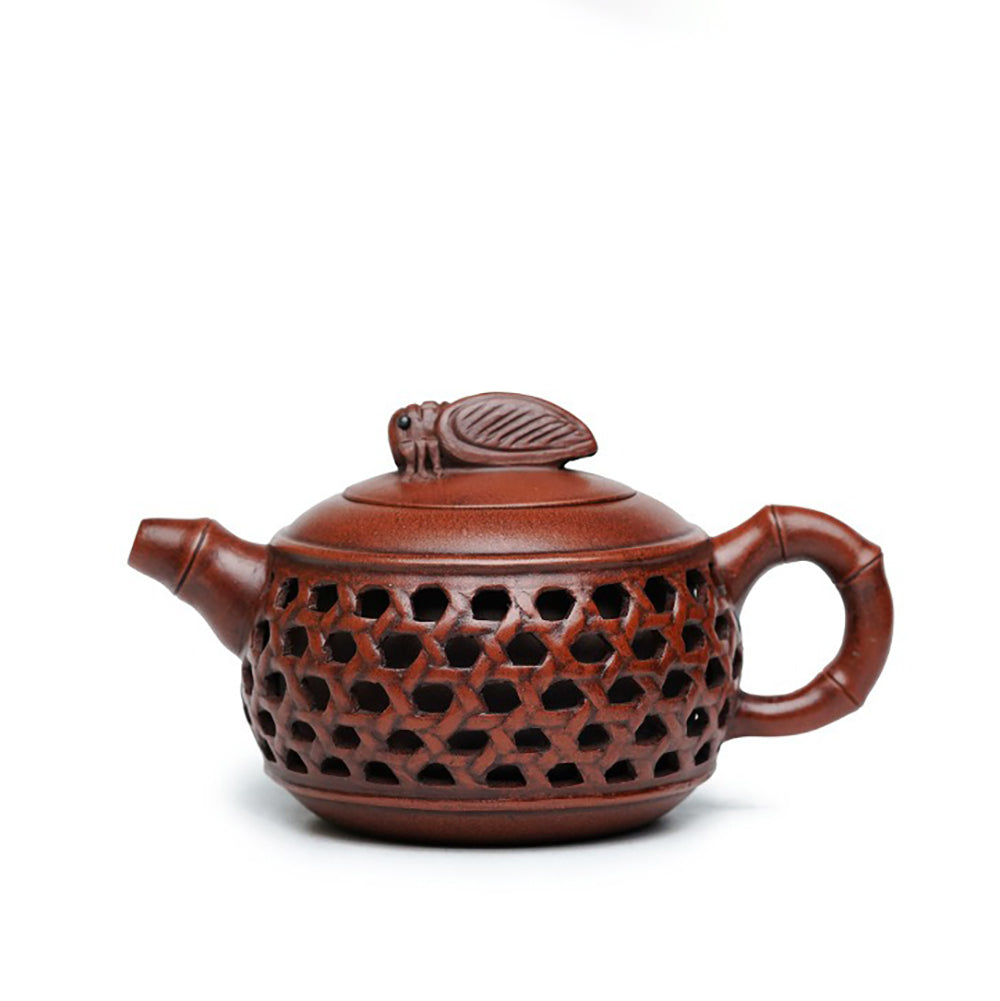 Yixing Red Clay Bamboo Weaving Teapot with Cicada Design