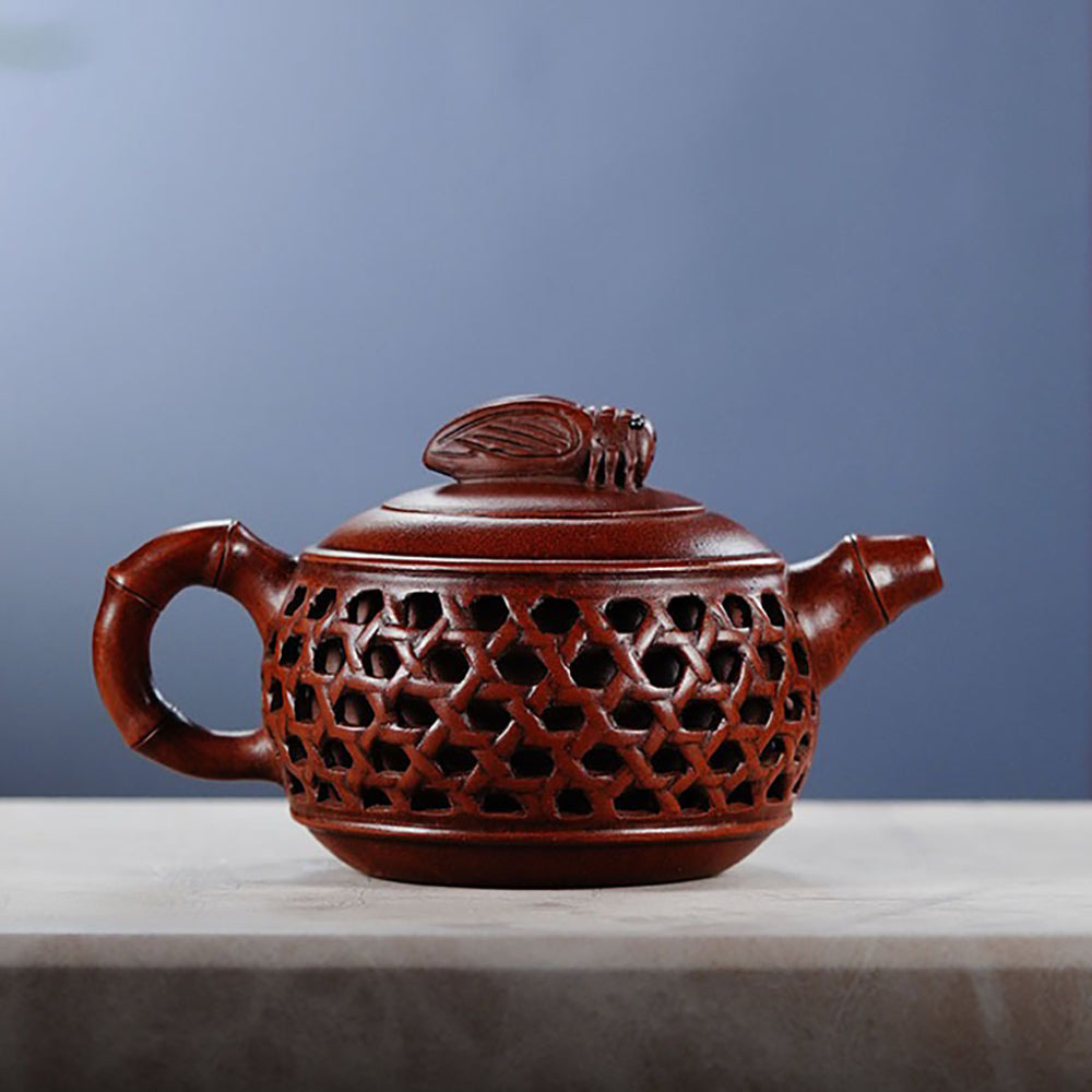 Yixing Red Clay Bamboo Weaving Teapot with Cicada Design
