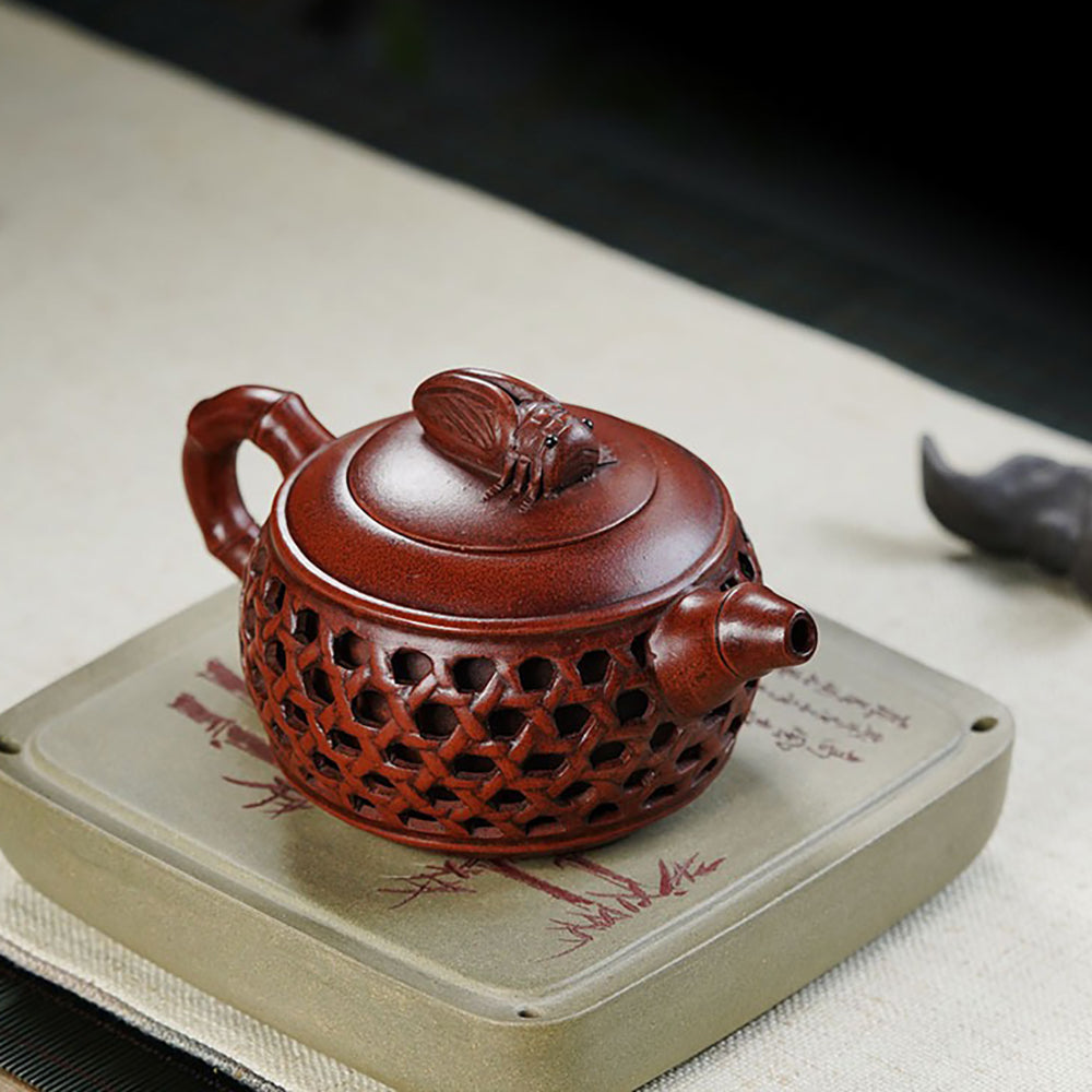 Yixing Red Clay Bamboo Weaving Teapot with Cicada Design