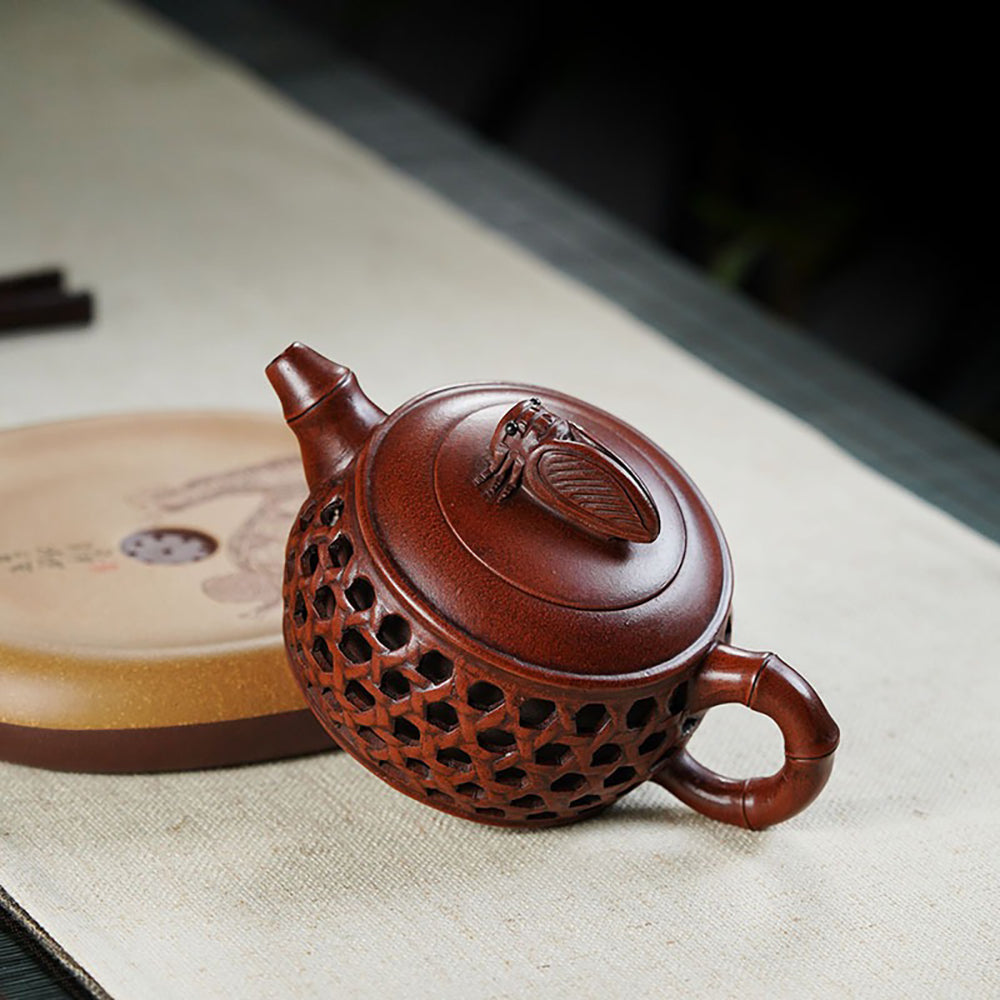 Yixing Red Clay Bamboo Weaving Teapot with Cicada Design