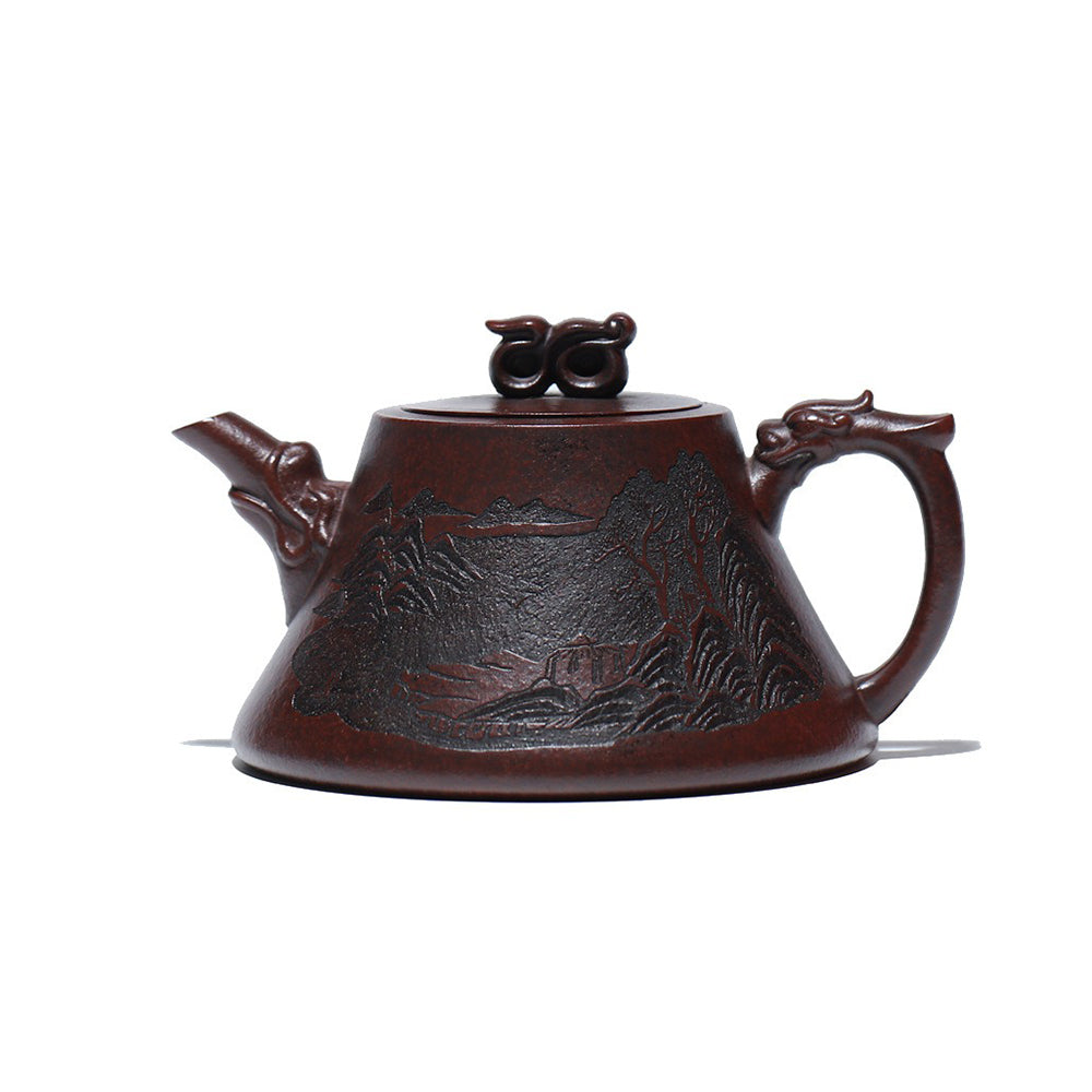 Yixing Purple Clay Ruyi Teapot with Dragon Motifs and Landscape Engravings