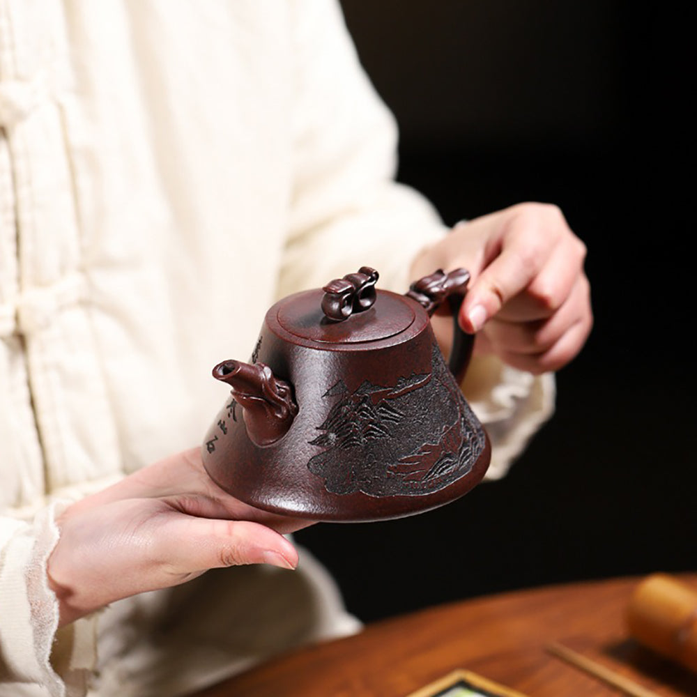 Yixing Purple Clay Ruyi Teapot with Dragon Motifs and Landscape Engravings