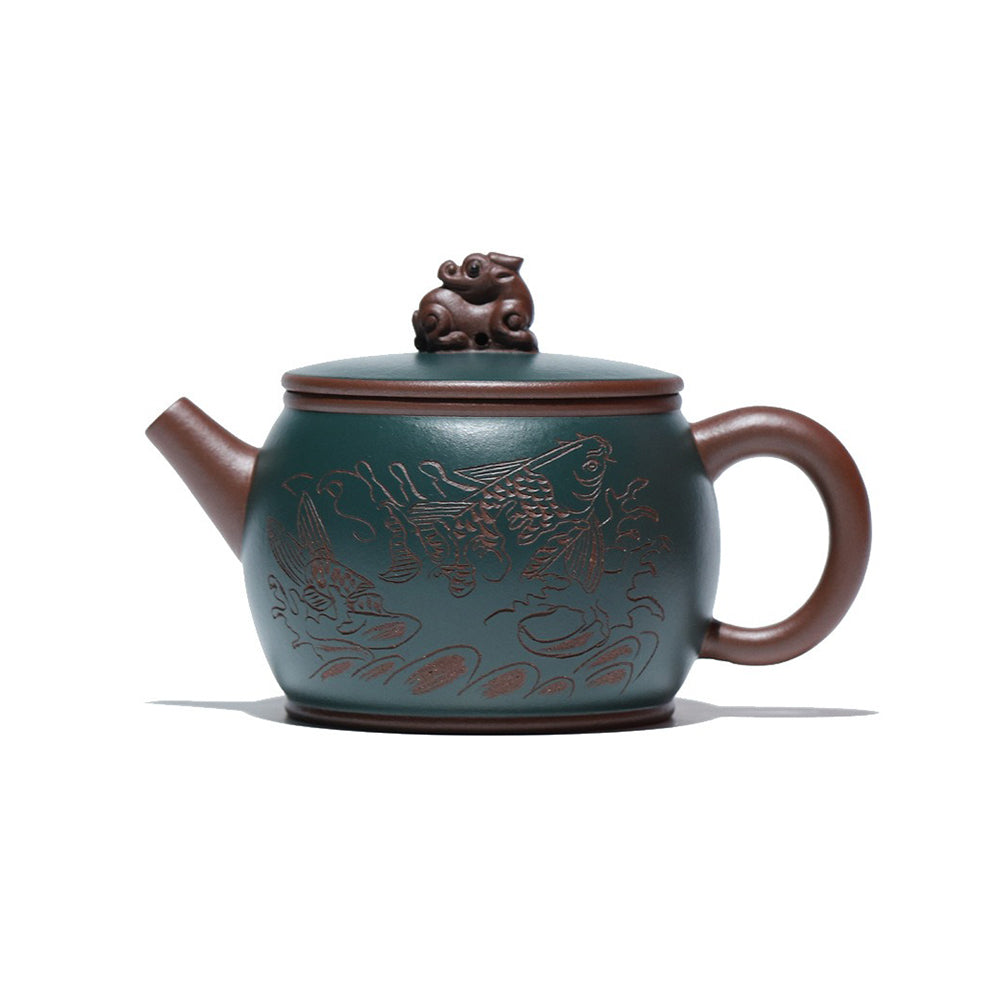 Yixing Purple and Green Clay Koi Teapot with Pixiu Lid