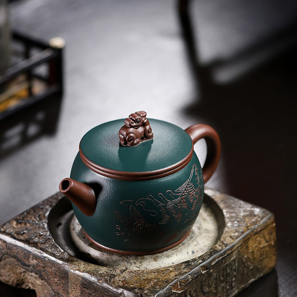 Yixing Purple and Green Clay Koi Teapot with Pixiu Lid