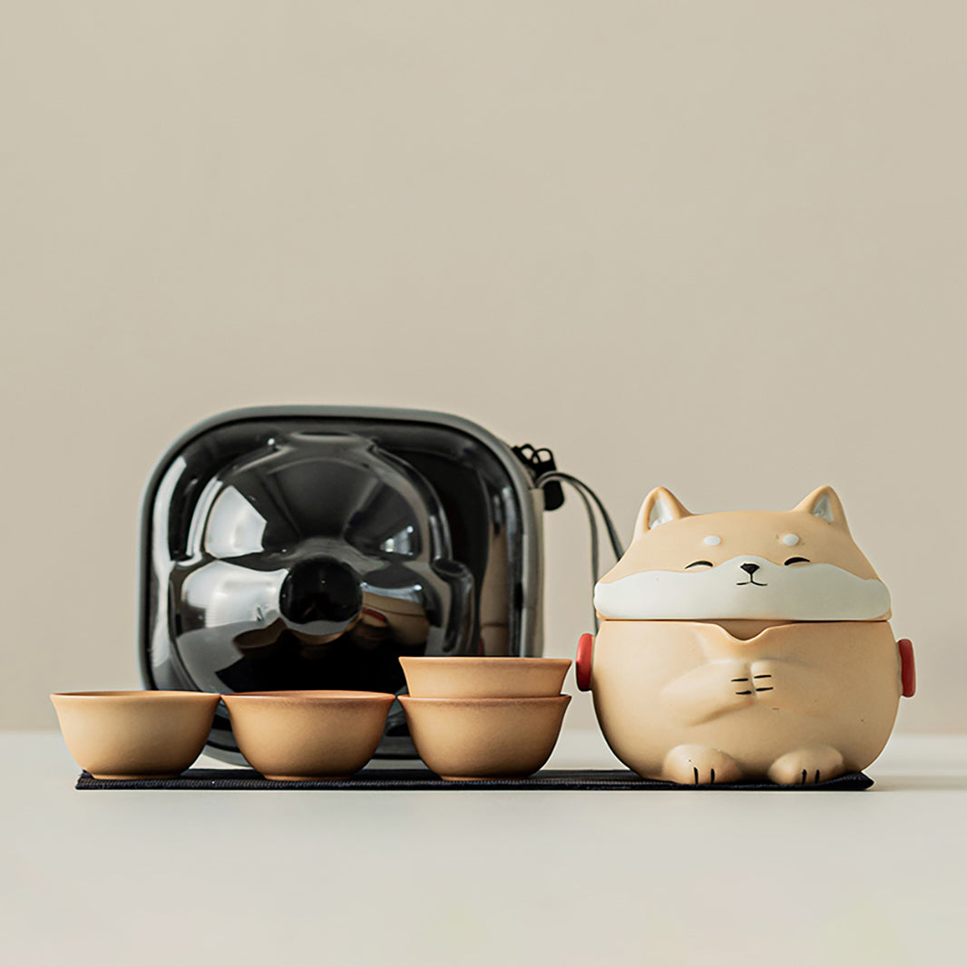 Shiba Inu Pottery Travel Tea Set with Storage Bag