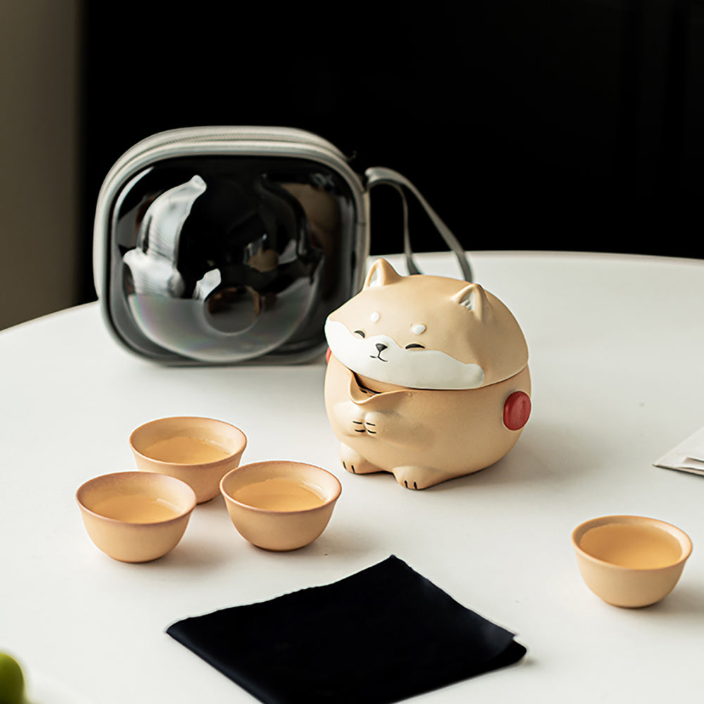 Shiba Inu Pottery Travel Tea Set with Storage Bag