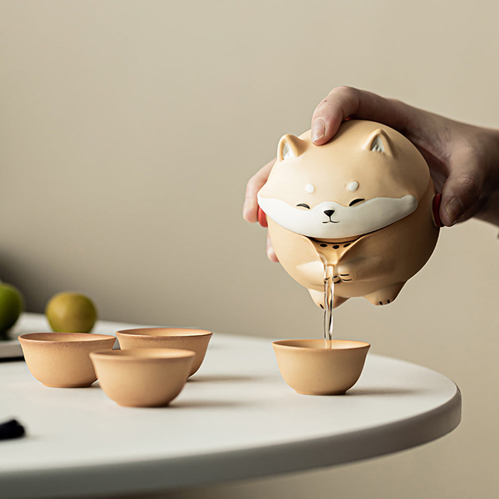 Shiba Inu Pottery Travel Tea Set with Storage Bag