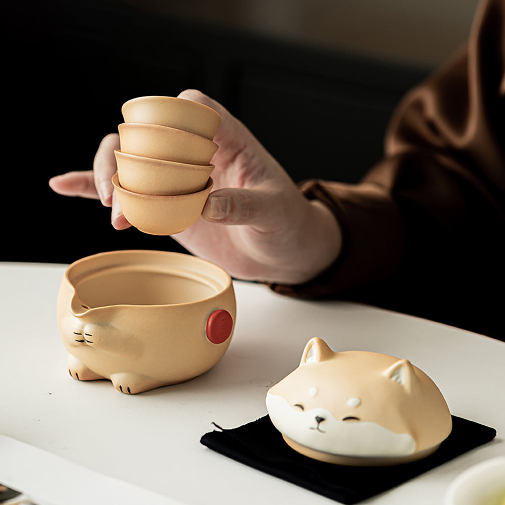 Shiba Inu Pottery Travel Tea Set with Storage Bag