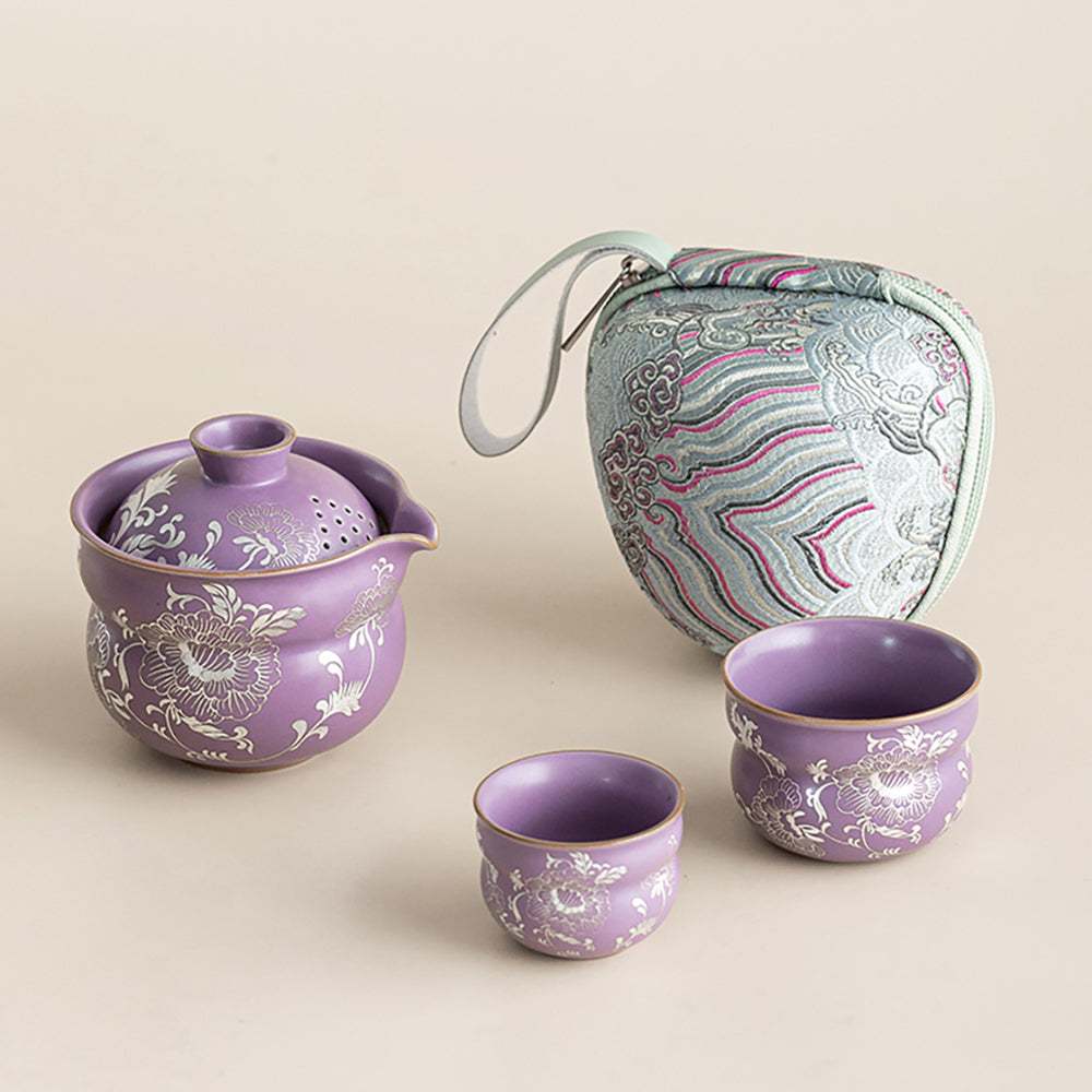 Purple Ruyao Peony Travel Tea Set with Silver Plating