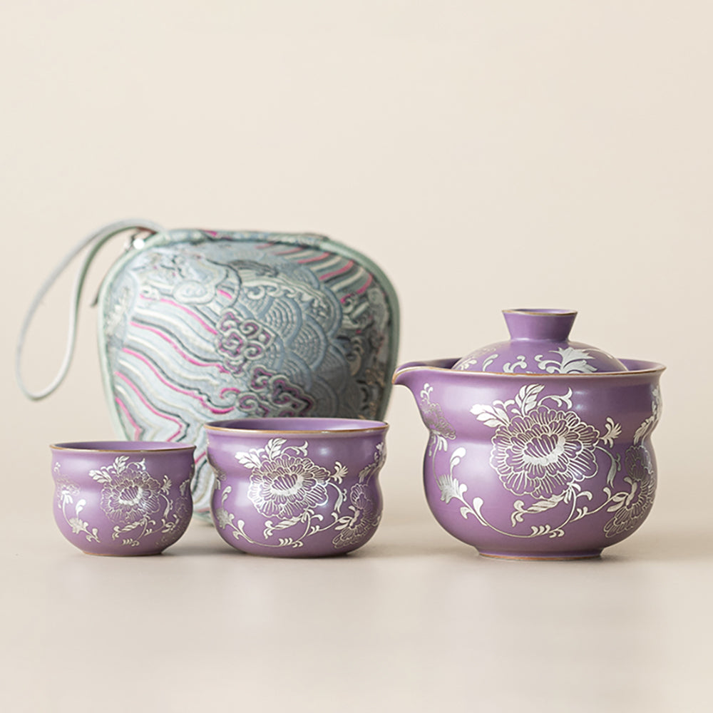 Purple Ruyao Peony Travel Tea Set with Silver Plating