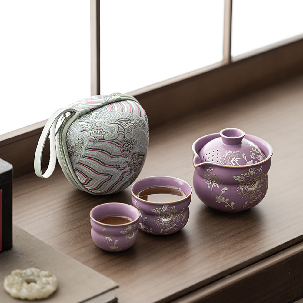 Purple Ruyao Peony Travel Tea Set with Silver Plating