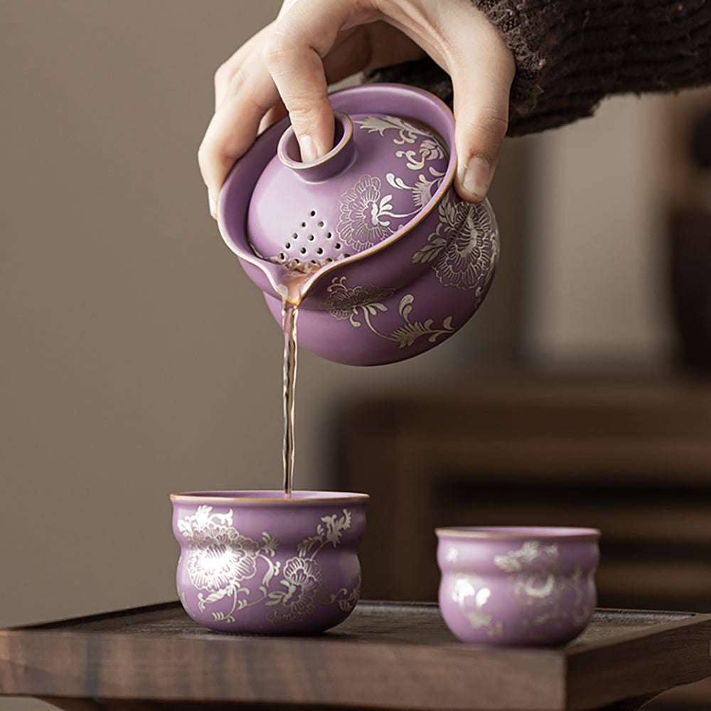 Purple Ruyao Peony Travel Tea Set with Silver Plating
