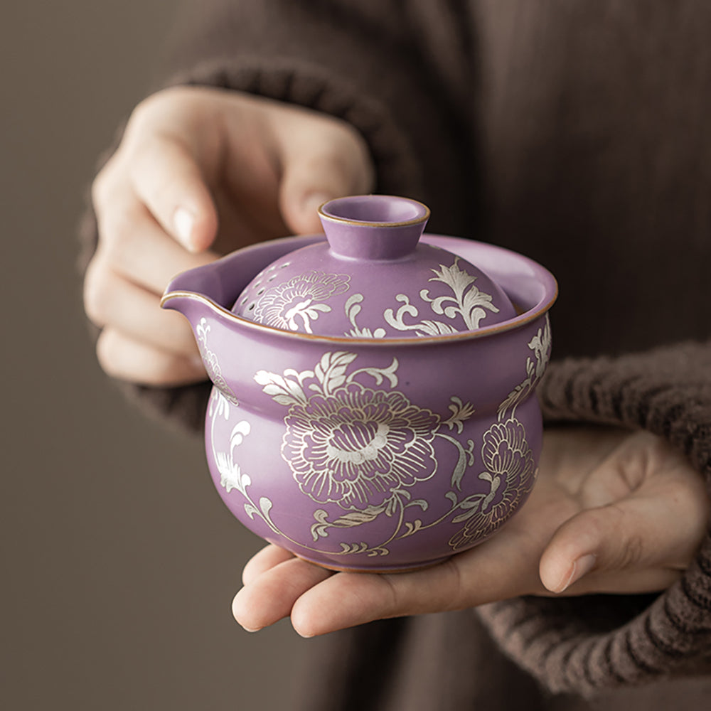 Purple Ruyao Peony Travel Tea Set with Silver Plating