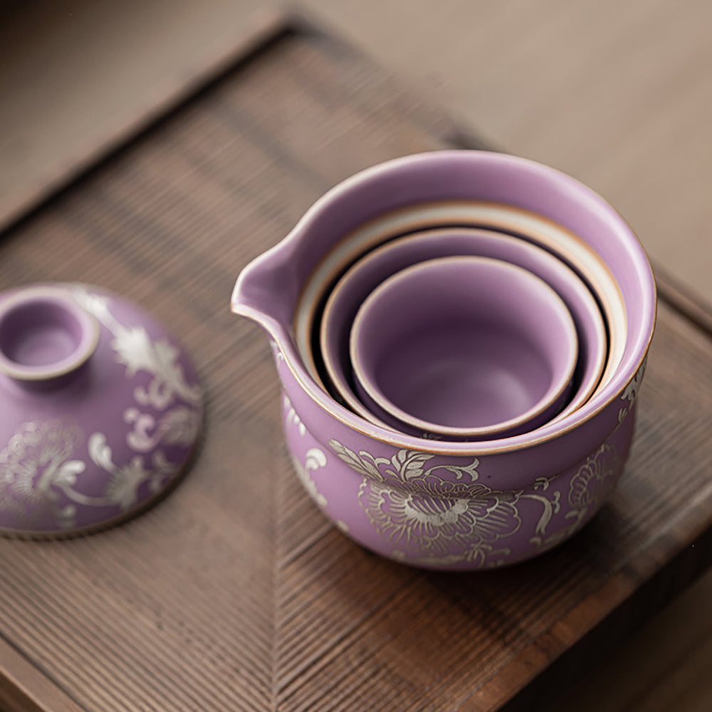 Purple Ruyao Peony Travel Tea Set with Silver Plating