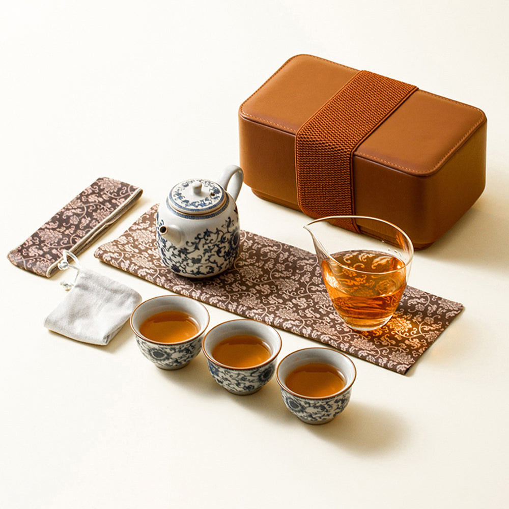 Blue and White Ruyao Porcelain Travel Tea Set with Leather Case