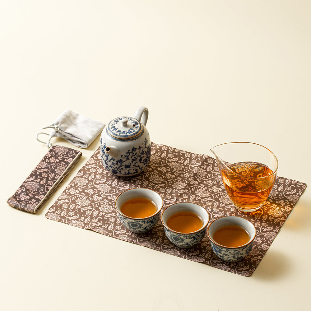 Blue and White Ruyao Porcelain Travel Tea Set with Leather Case