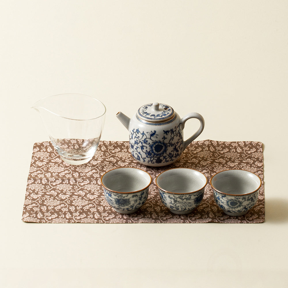 Blue and White Ruyao Porcelain Travel Tea Set with Leather Case