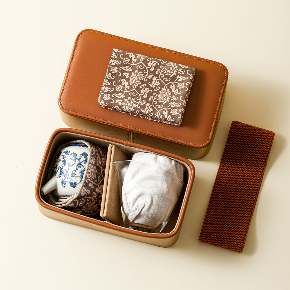 Blue and White Ruyao Porcelain Travel Tea Set with Leather Case