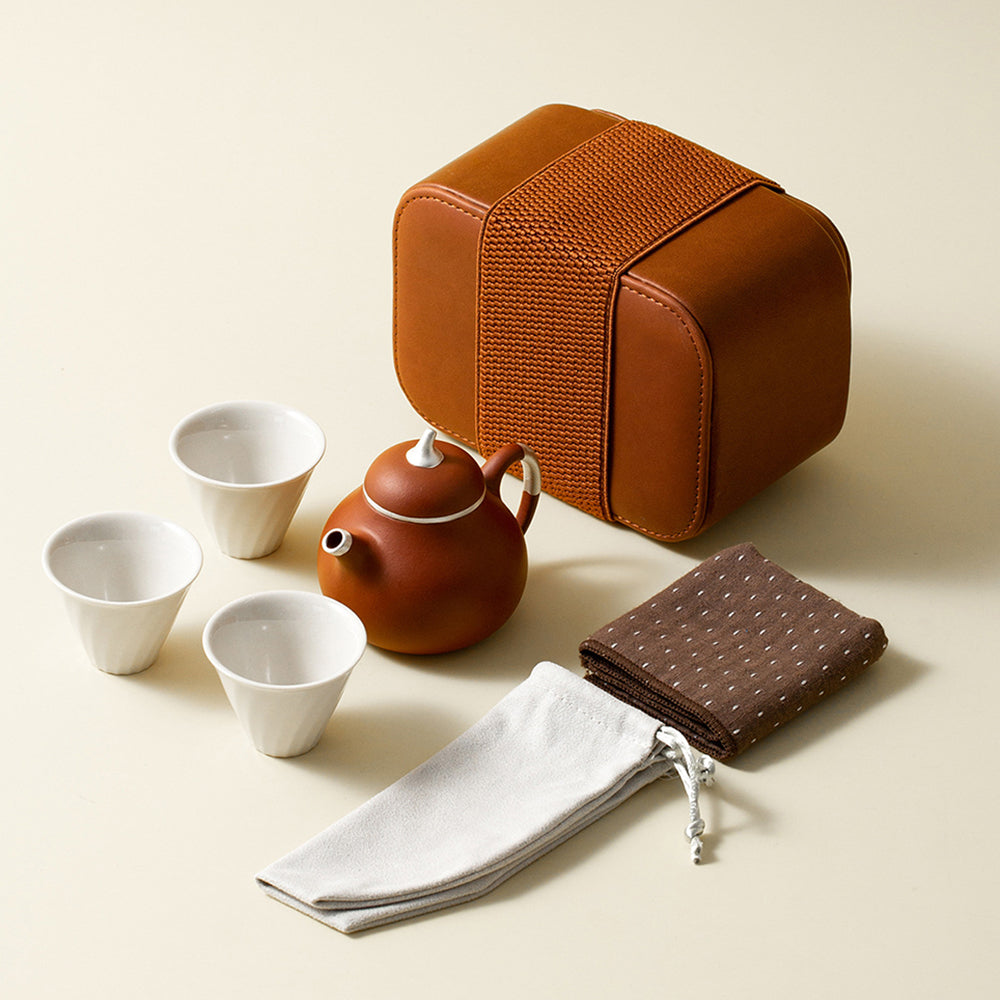 Purple Clay Travel Teapot Set with Teacups and Carrying Case