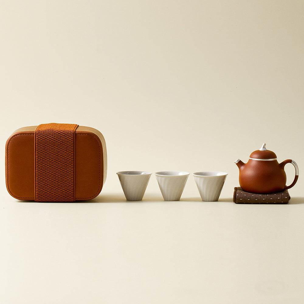Purple Clay Travel Teapot Set with Teacups and Carrying Case