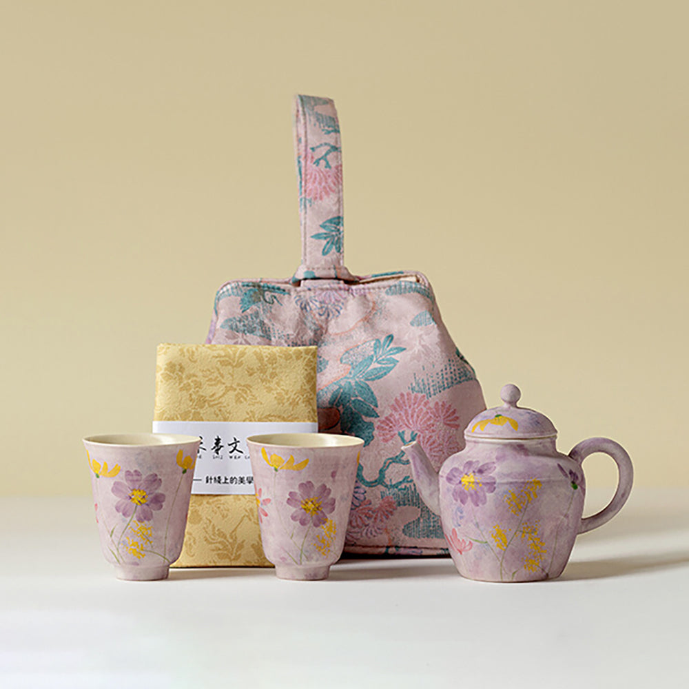 Purple Floral Travel Tea Set with Portable Bag