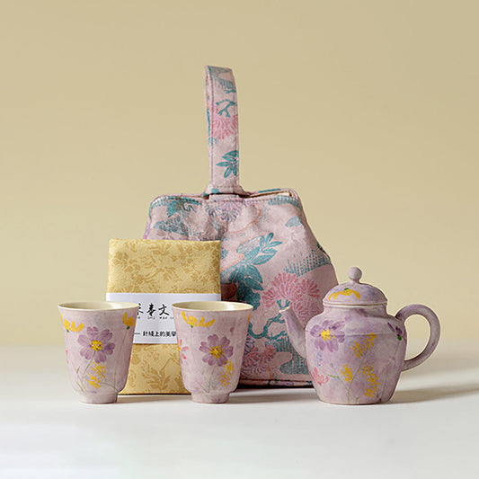 Purple Floral Travel Tea Set with Portable Bag