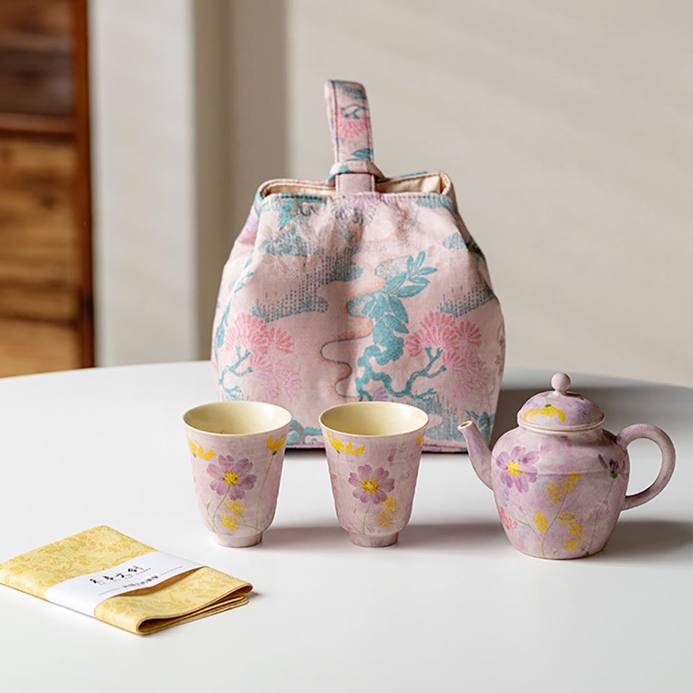 Purple Floral Travel Tea Set with Portable Bag