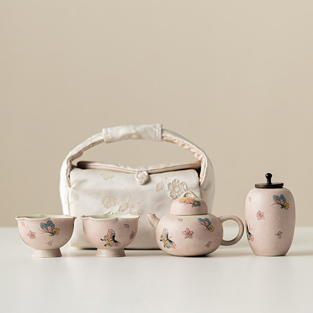 Pink Ceramic Butterfly Travel Tea Set with Portable Bag