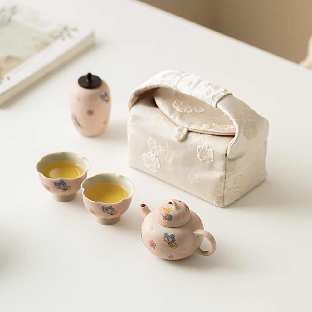 Pink Ceramic Butterfly Travel Tea Set with Portable Bag