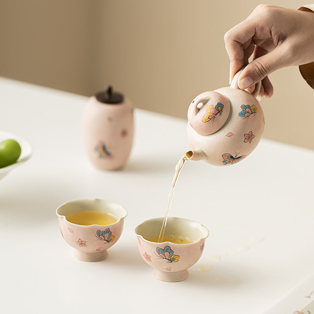 Pink Ceramic Butterfly Travel Tea Set with Portable Bag