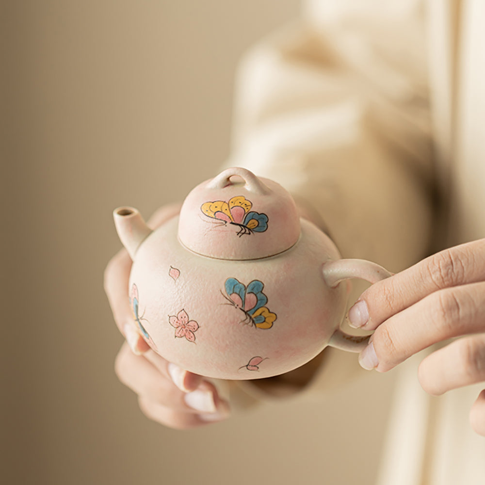 Pink Ceramic Butterfly Travel Tea Set with Portable Bag