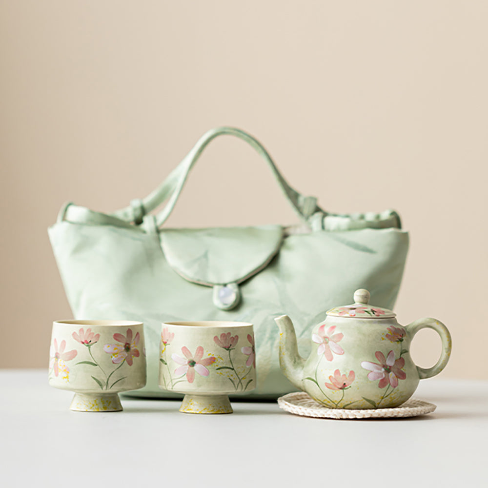 Green Ceramic Travel Tea Set with Gesang Flower Design