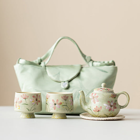 Green Ceramic Travel Tea Set with Gesang Flower Design