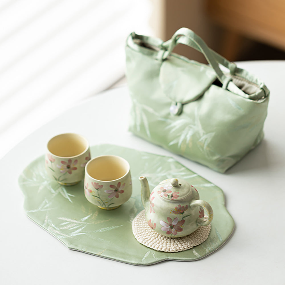 Green Ceramic Travel Tea Set with Gesang Flower Design