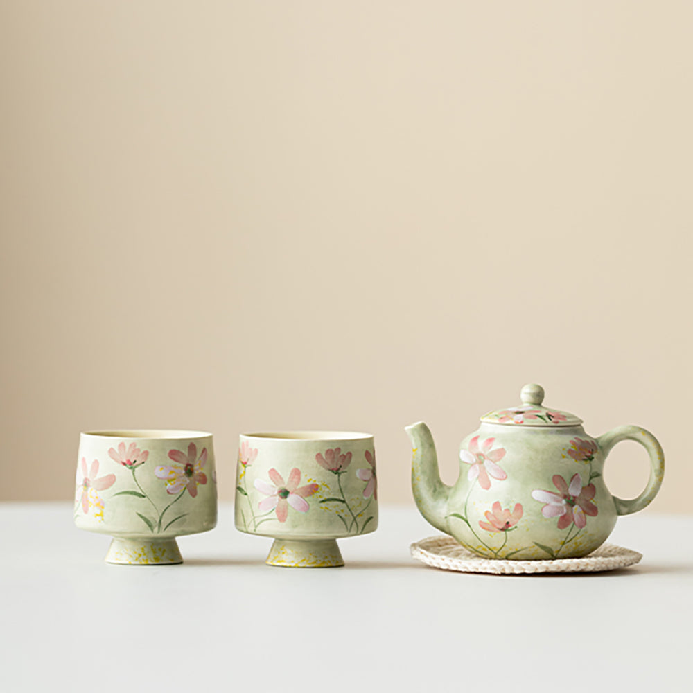 Green Ceramic Travel Tea Set with Gesang Flower Design