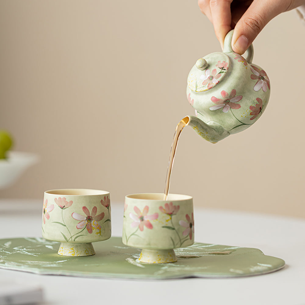 Green Ceramic Travel Tea Set with Gesang Flower Design
