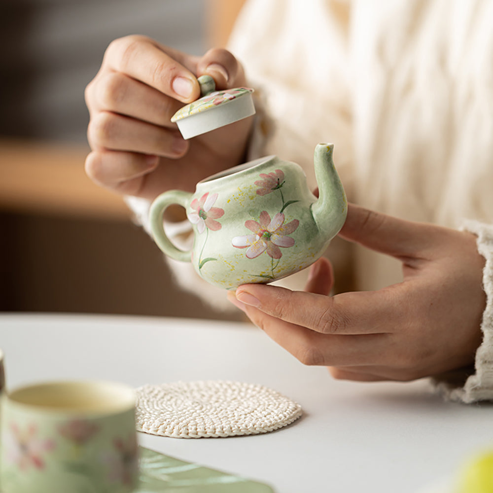 Green Ceramic Travel Tea Set with Gesang Flower Design