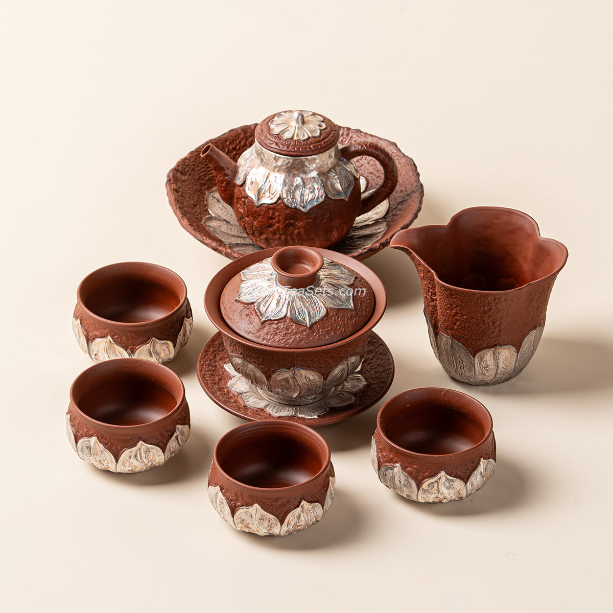 Red Silver-Plated Lotus Pottery Tea Set