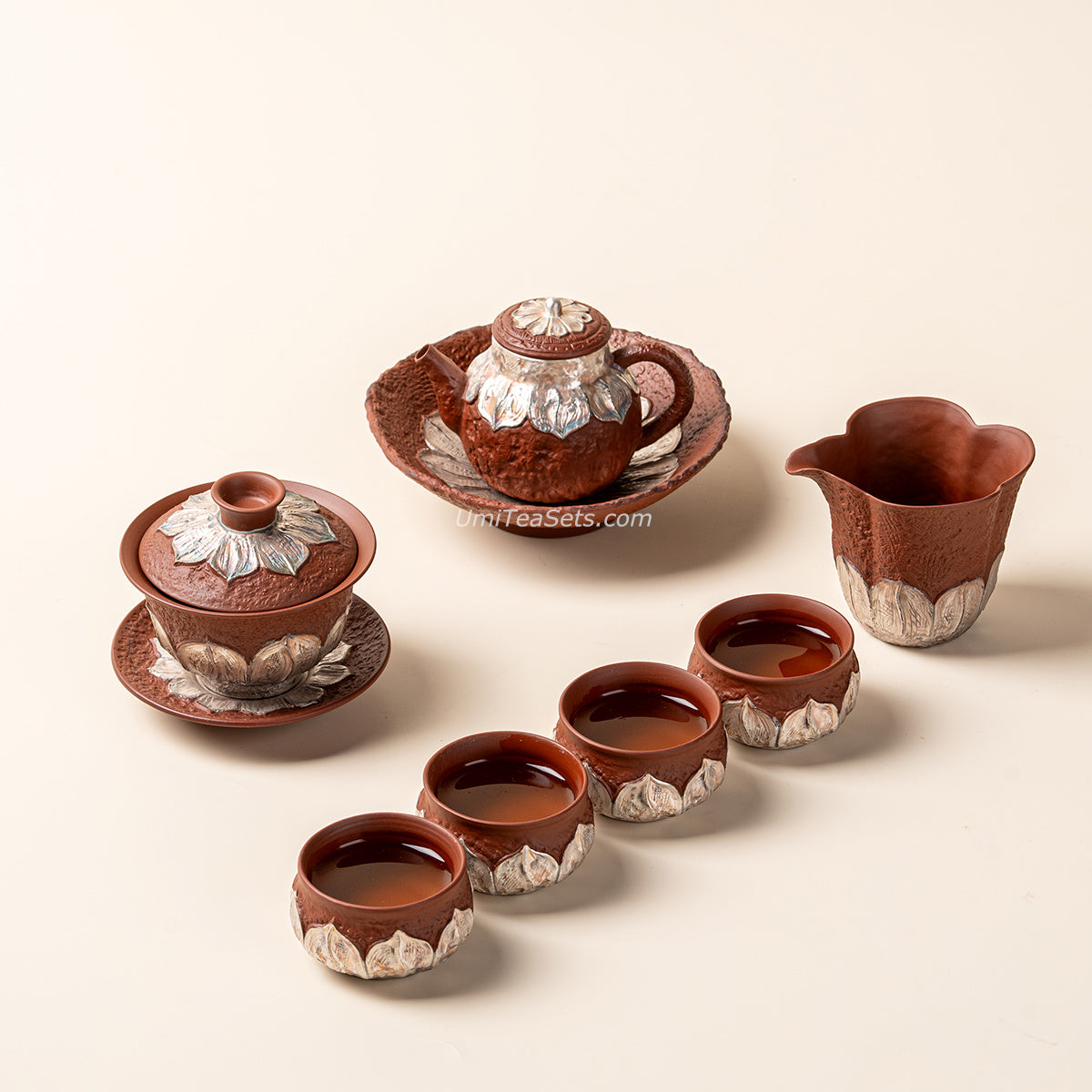 Red Silver-Plated Lotus Pottery Tea Set