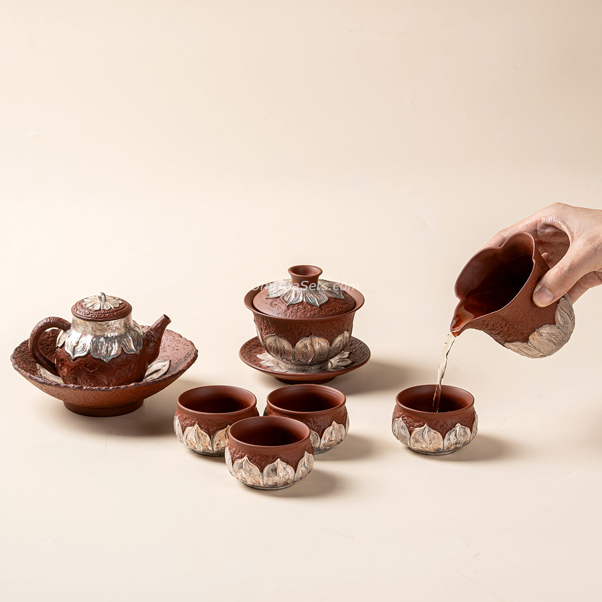 Red Silver-Plated Lotus Pottery Tea Set