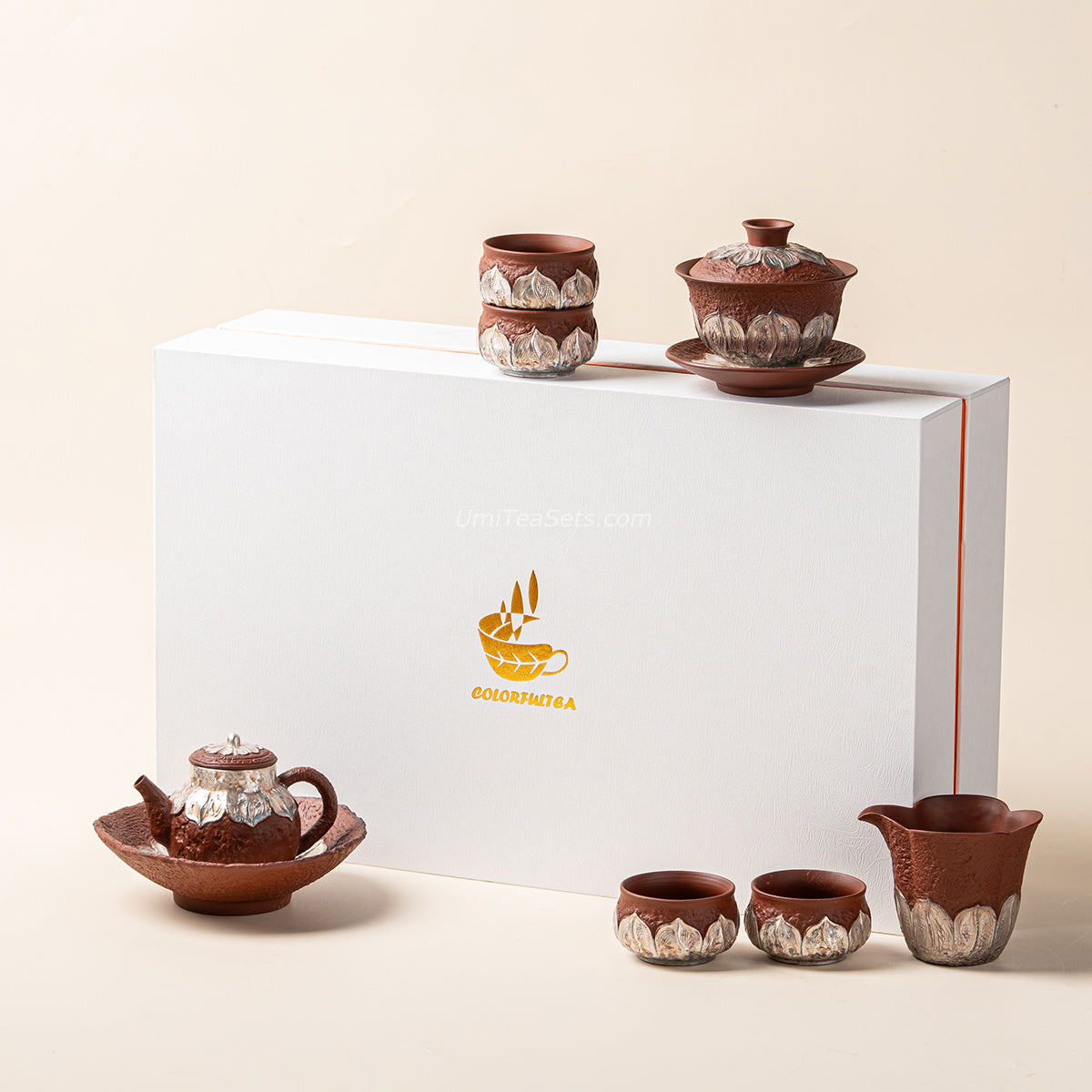 Red Silver-Plated Lotus Pottery Tea Set