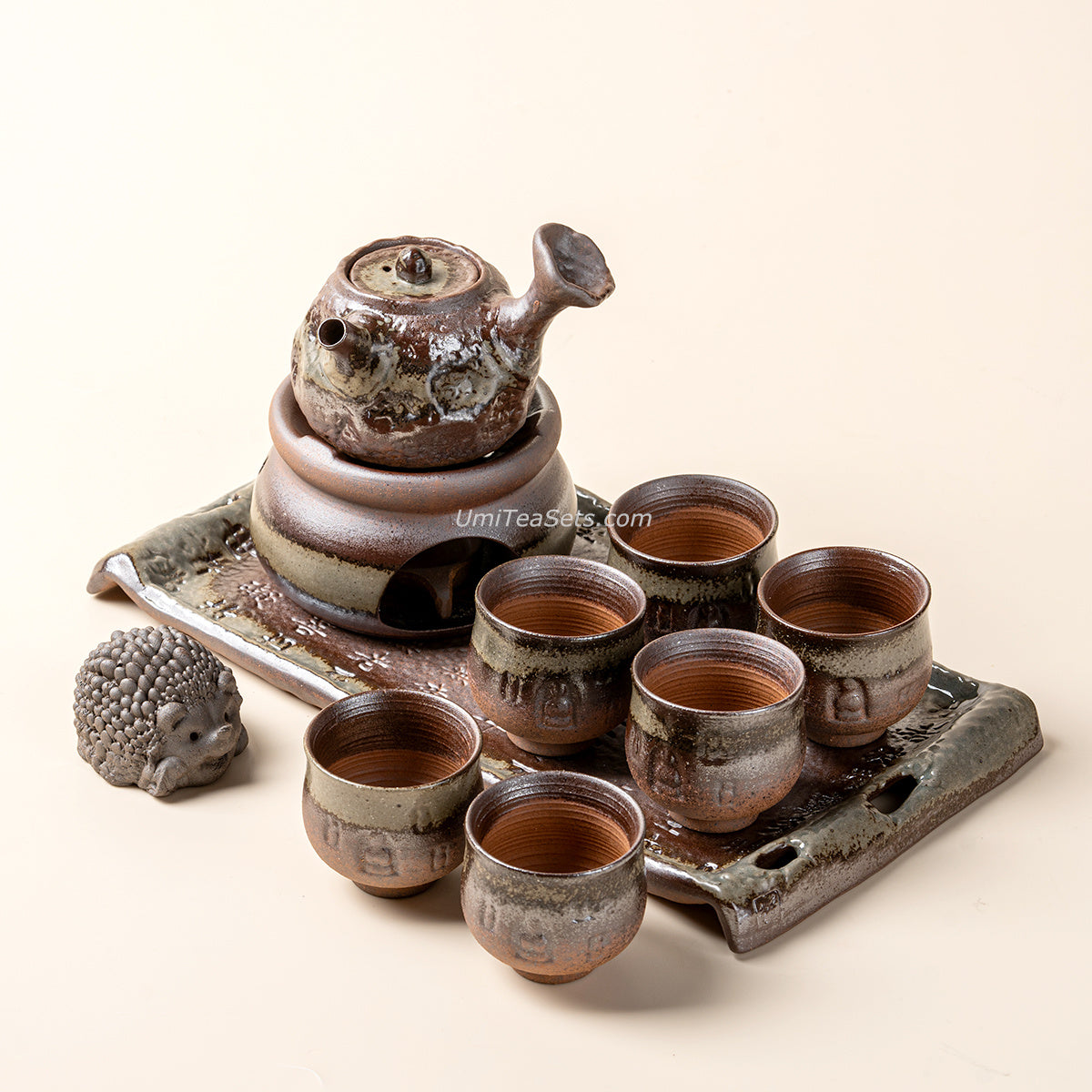 Handcrafted Bizen-yaki Glaze Tea Set with Dunhuang Elements