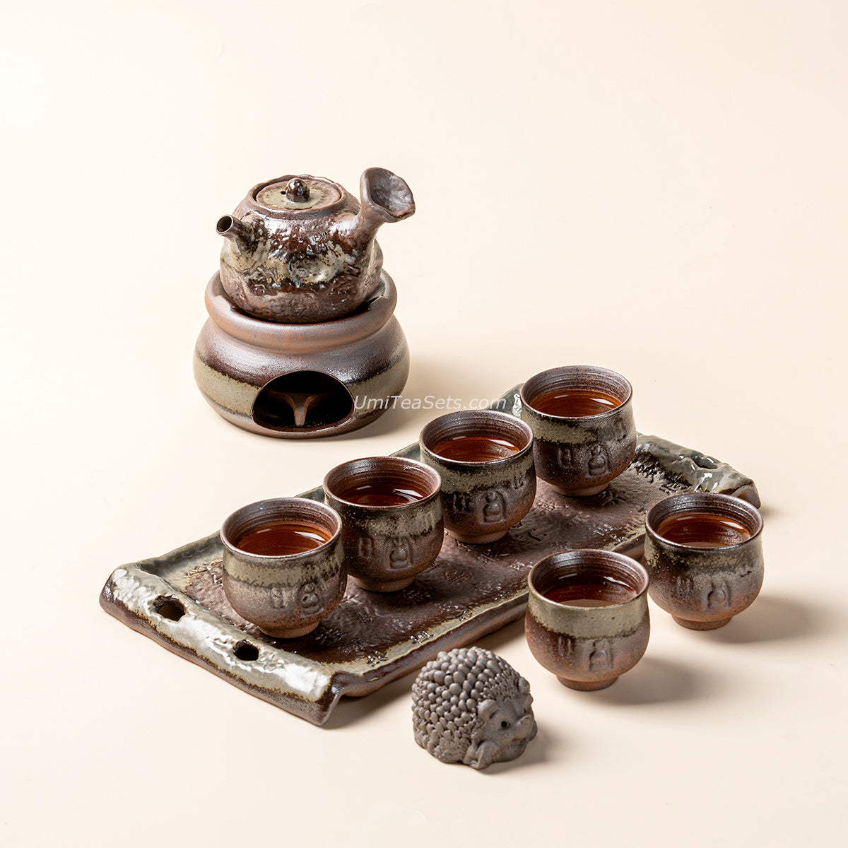 Handcrafted Bizen-yaki Glaze Tea Set with Dunhuang Elements