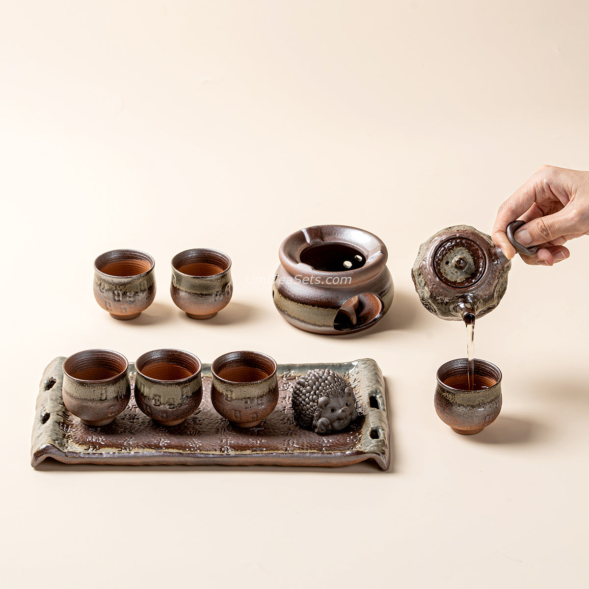 Handcrafted Bizen-yaki Glaze Tea Set with Dunhuang Elements